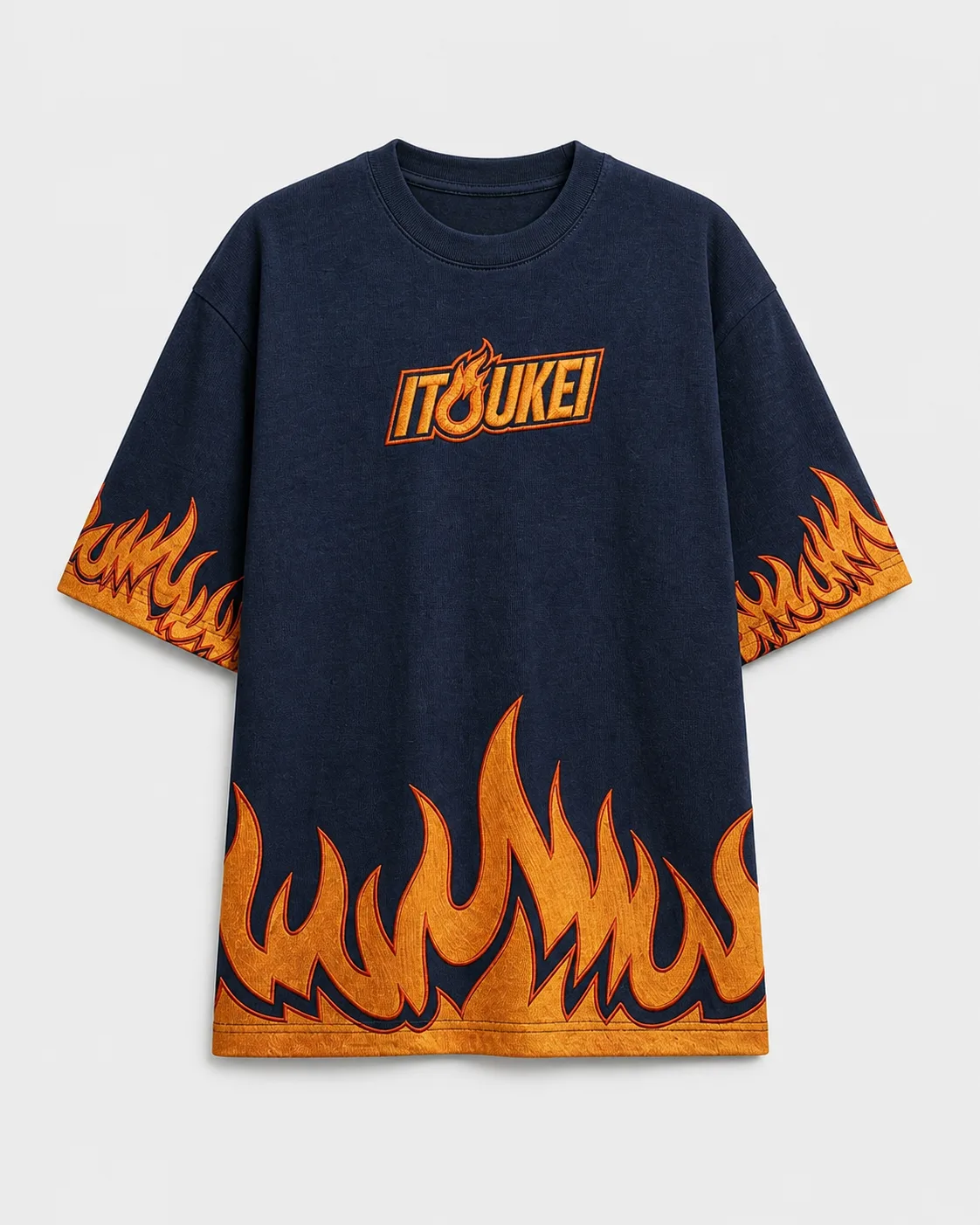 T-shirt motif flammes ITOUKEI marine et orange — vue de face