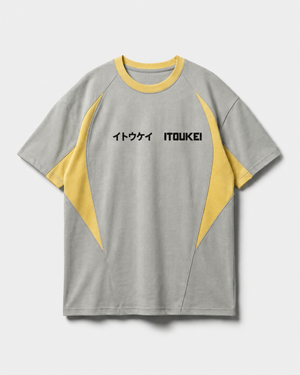 T-shirt à panneaux ITOUKEI gris et jaune — vue de face