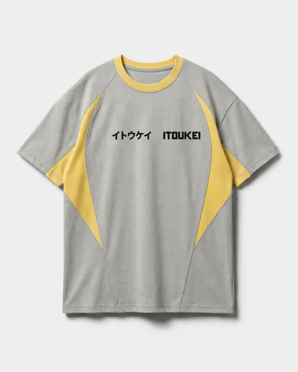 T-shirt à panneaux ITOUKEI gris et jaune — vue de face
