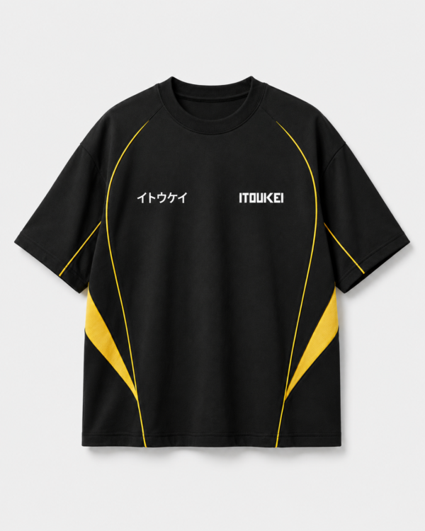 T-shirt à panneaux ITOUKEI noir et jaune — vue de face