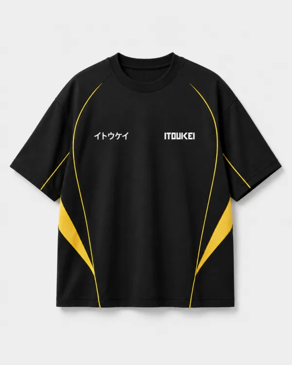 T-shirt à panneaux ITOUKEI noir et jaune — vue de face