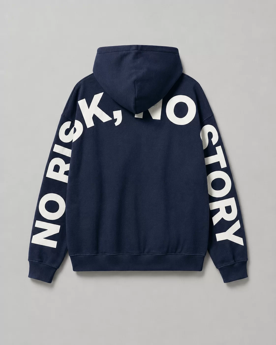 Hoodie ITOUKEI bleu marine — dos, devise No Risk No Story