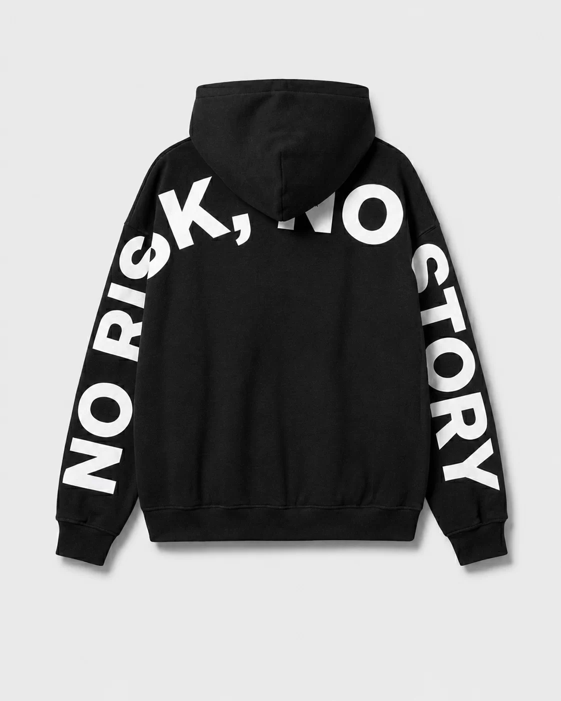 Hoodie ITOUKEI noir et blanc — dos, devise No Risk No Story