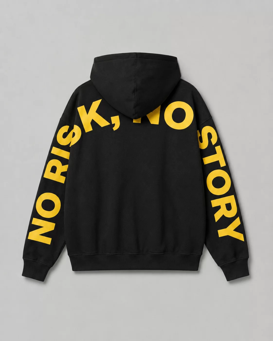 Hoodie ITOUKEI noir et jaune — dos, devise No Risk No Story