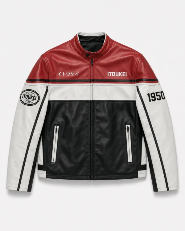 Veste moto ITOUKEI rouge, blanc et noir — vue de face