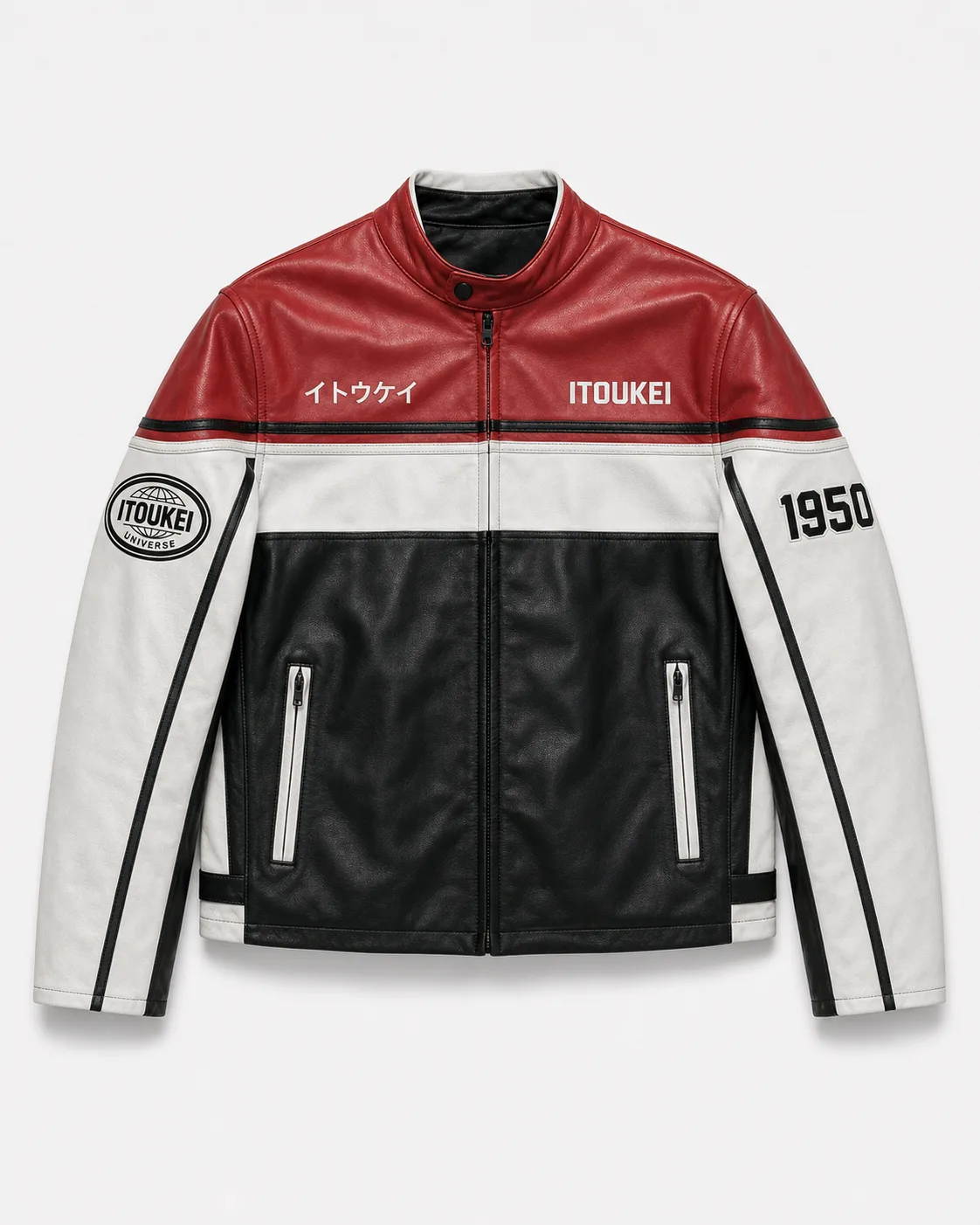 Veste moto ITOUKEI rouge, blanc et noir — vue de face