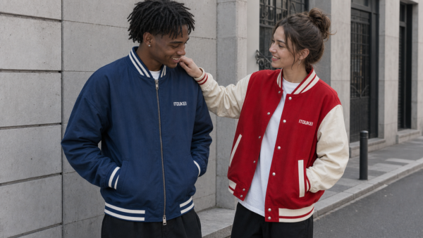 Varsity-Jacket Rouge-Creme — porté